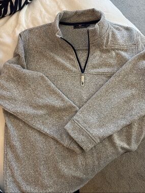 Vineyard Vines Heather Gray Sweater with Navy Trim and Pink Whale Logo 2xl